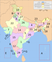 Administrative divisions of India, including 28 states and 7 union territories.